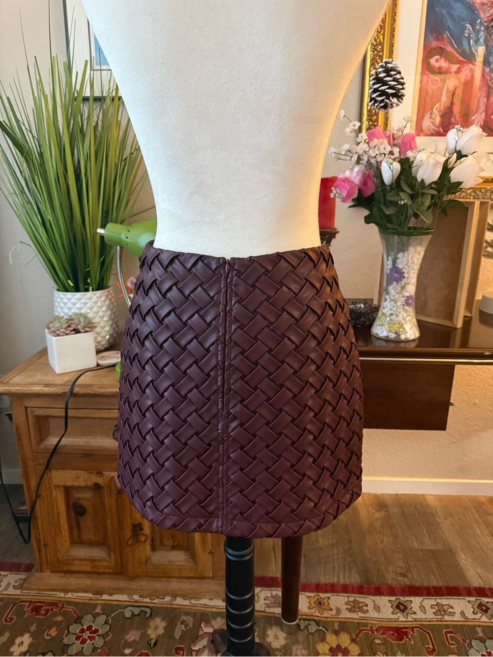 Commense Woven Faux-Leather Mini Skirt - Deep Burgundy